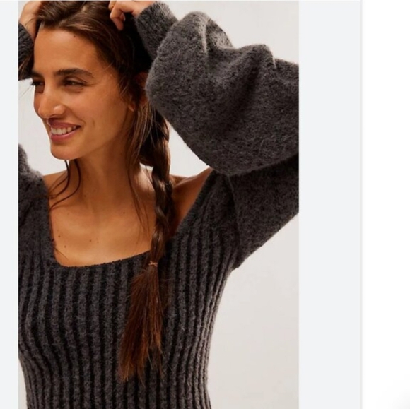 Free People Katie Ribbed Cropped Sweater Black Combo XS Puff Sleeve - Picture 2 of 8